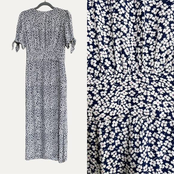 ROUJE Navy Ecru Dainty Floral Print Button Down Tie Sleeve Laura Midi Dress 4/6 - Picture 7 of 11